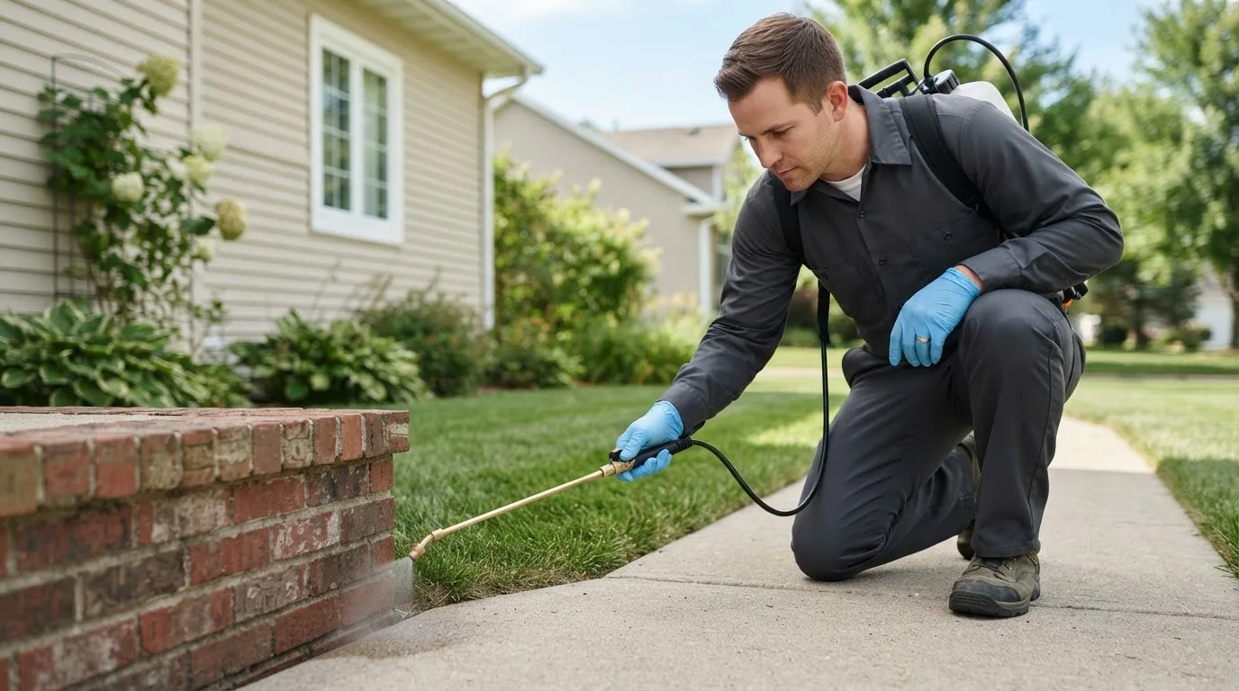 Pest control technician treating a home near Rockford, IA
