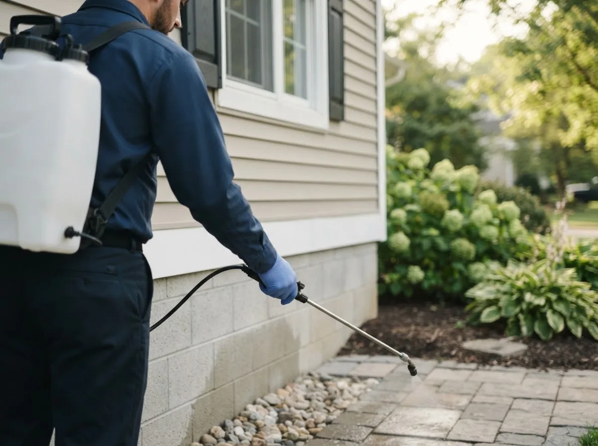 Pest control technician inspecting a home in Rockford, IA